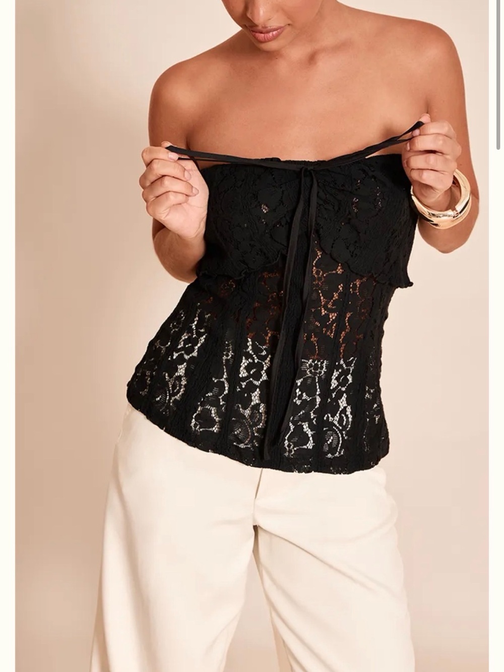 PrettyLittleThing Black Lace Strapless Camisole with Front Tie